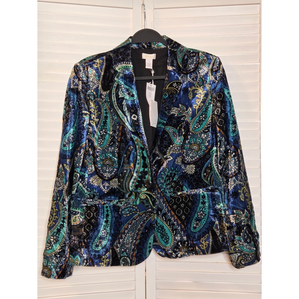 Chico's Paisley Velvet Blazer 1 M Darkest Teal Rayon Nylon LS Jack 570057854 NEW